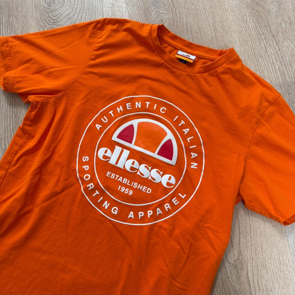 Ellesse Graphic T-Shirt Mens Large Orange Authentic Italian Sporting Apparel